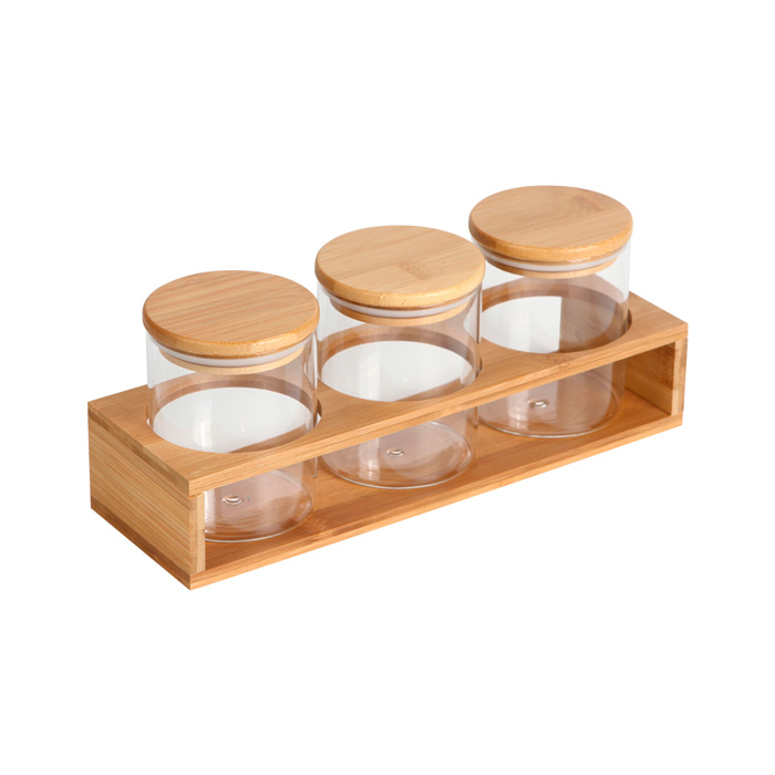 HM-087, Set de 3 contenedores de 500 ml fabricados en vidrio de borosilicato con tapa y soporte de bambú. Incluye caja de cartón individual. Mantén tus alimentos siempre frescos con el sistema de cerrado hermético.