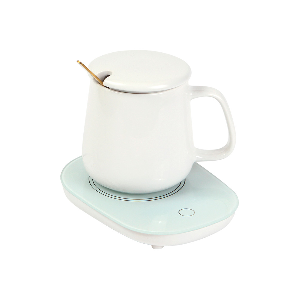 HM-095, Taza fabricada en cerámica de 430 ml con calentador eléctrico, especialmente diseñada para calentar y mantener la temperatura de la bebida, con tapa y cuchara a juego. Incluye cable USB de carga y caja de cartón individual.