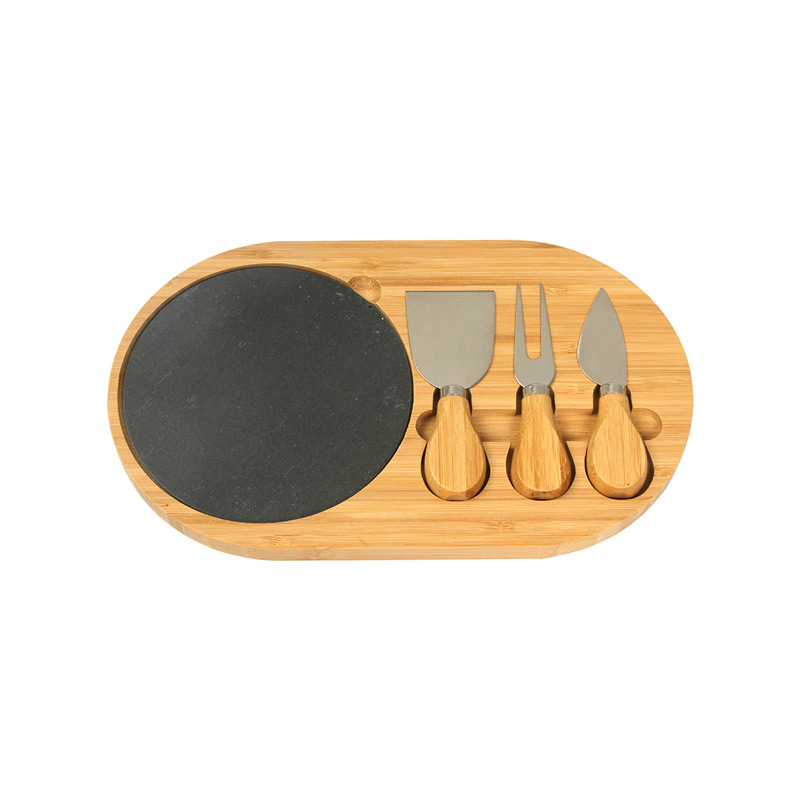 HM-107, Set para quesos, fabricado en madera de bambú. Incluye tabla para cortar y accesorios de acero inoxidable (3 cortadores). Esta tabla es perfecta para cortar y servir los quesos de manera cómoda y sencilla.