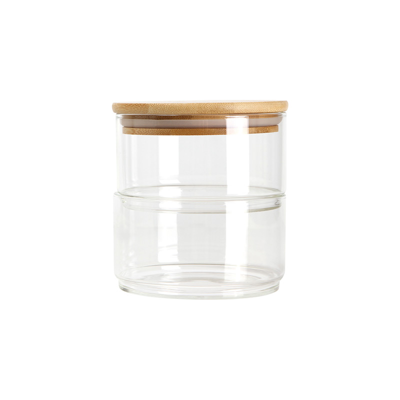 HM-113, Set de dos contenedores fabricados en vidrio borosilicato transparente con tapa de madera.