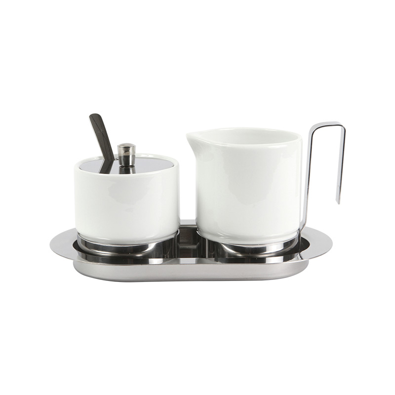 HM-132, Juego Falster. Juego de café, fabricado en cerámica y acero inoxidable. Incluye taza para crema o leche con capacidad de 300 ml, azucarera (con tapa) con capacidad de 200 ml y cuchara.