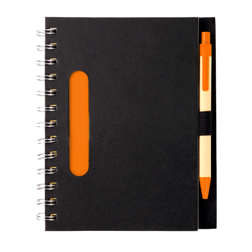 LB-005, Libreta ecologica negra con 80 hojas de raya, pluma tinta negra y detalles en color: verde, naranja, rojo y azul