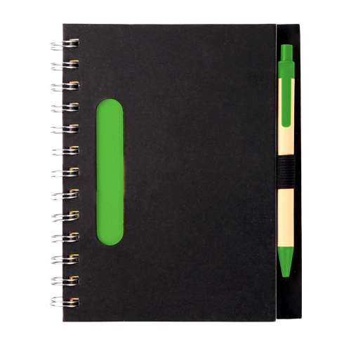 LB-005, Libreta ecologica negra con 80 hojas de raya, pluma tinta negra y detalles en color: verde, naranja, rojo y azul