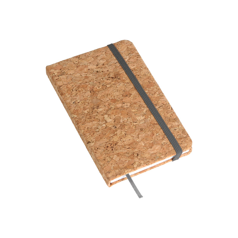 LB-064, Libreta tamaño A6 con pasta de corcho, listón separador de hojas, 80 hojas rayadas de 70 g y banda elástica negra sujetadora de pastas.