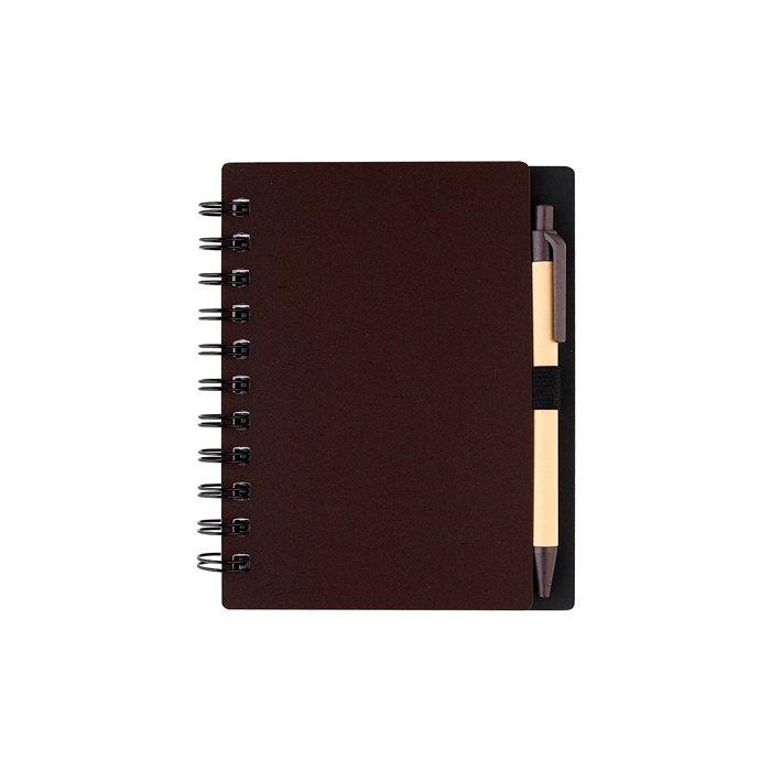 LB-068, Libreta con pasta de fibra de café y plástico PP, espiral metálico, 80 hojas rayadas de 70 g y bolígrafo con barril de cartón y detalles en fibra de café y plástico PP con tinta de escritura negra.