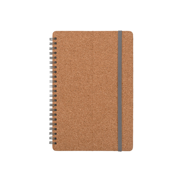 LB-072, Libreta con pasta plegable de corcho y pasta interna de fibra de trigo, espiral metálico, 80 hojas rayadas de 70 gr. y banda elástica. La pasta principal e interna actúan como soporte para celular.