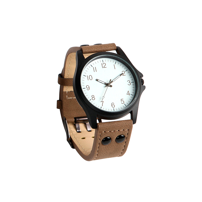 RP-061, Reloj de pulso unisex con caja metálica correa en semi piel.