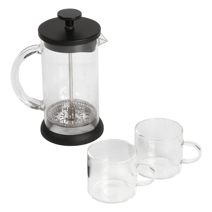 ST-028, Juego de mini prensa francesa con 2 tazas de cristal, fabricado en vidrio de borosilicato, con tapa de acero inoxidable y plástico, émbolo de acero inoxidable y base de TPR, capacidad de prensa de 350 ml, tazas de 120 ml. Incluye caja de cartón por set.