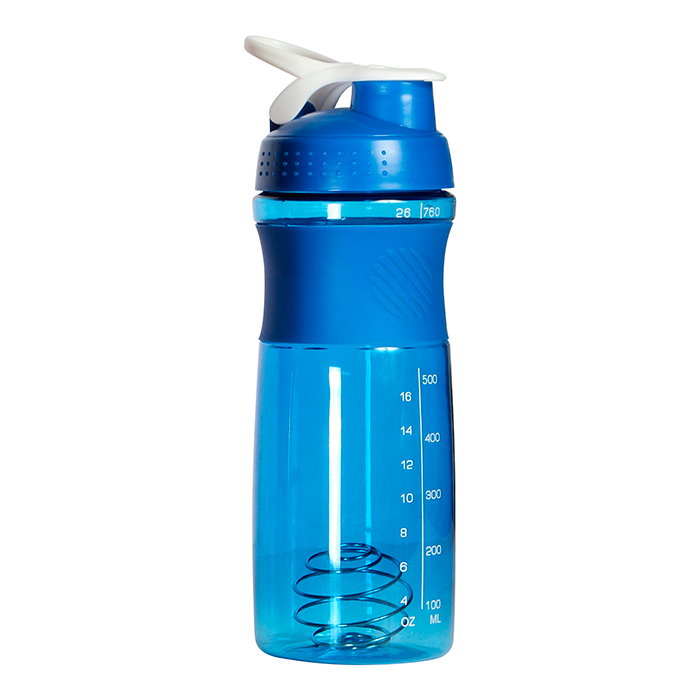 TE-045, Botella mezcladora fabricada en tritan con agitador metalico, agarradera de silicon, medidor en mililitros y onzas, capacidad 760 ml, colores:azul, gris, naranja, rojo y verde