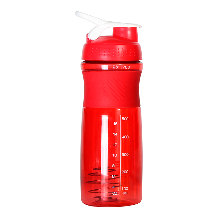 TE-045, Botella mezcladora fabricada en tritan con agitador metalico, agarradera de silicon, medidor en mililitros y onzas, capacidad 760 ml, colores:azul, gris, naranja, rojo y verde