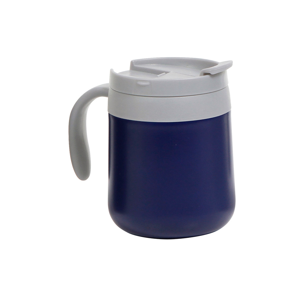 TE-100, Taza Dávao. Taza térmica de en acero inoxidable doble pared, con asa y tapa de polipropileno (PP). Fabricado en materiales de grado alimenticio, mantiene bebidas frías o calientes por un largo tiempo, no usar en microondas, capacidad 390 ml. Incluye caja de cartón individual.