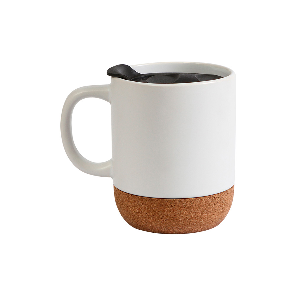 TE-114, TAZA DE CERAMICA CON BASE DE CORCHO Y TAPA DESLIZABLE DE PP. CAPACIDAD 400ML, COLOR BLANCO Y NEGRO