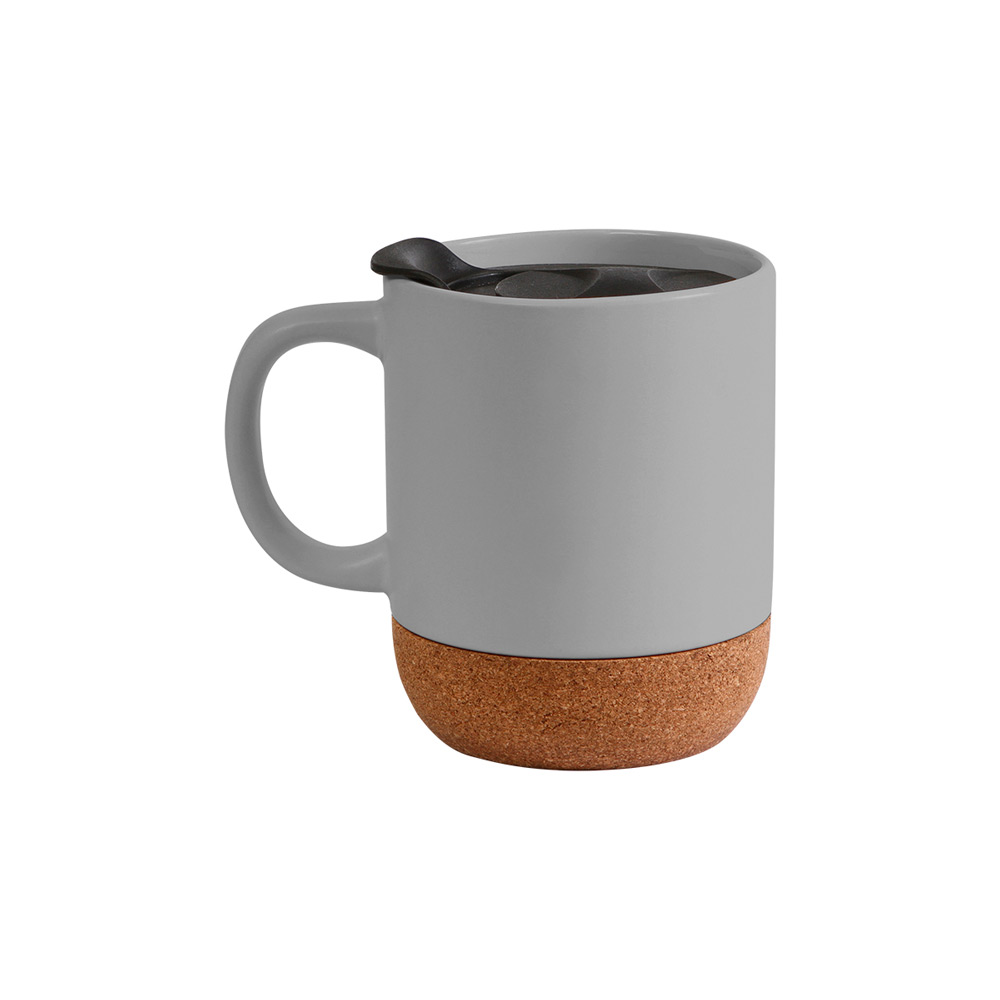 TE-114, TAZA DE CERAMICA CON BASE DE CORCHO Y TAPA DESLIZABLE DE PP. CAPACIDAD 400ML, COLOR BLANCO Y NEGRO