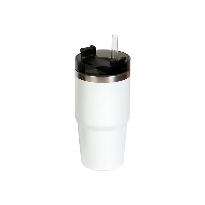 TE-136, Vaso de acero inoxidable doble pared con tapa y popote de plástico, fabricado en materiales de grado alimenticio, mantiene bebidas frías o calientes por un largo tiempo. No usar en microondas, capacidad de 600 ml. Incluye caja de cartón individual.