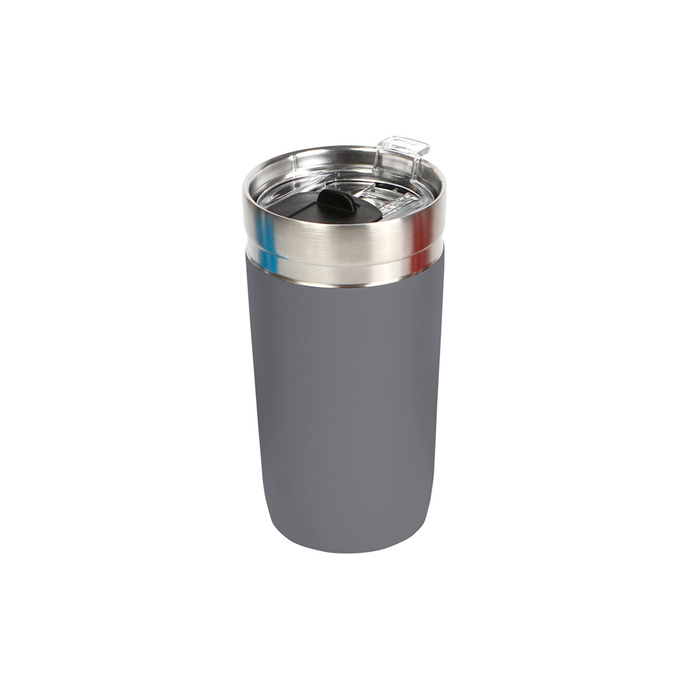 TE-157, Vaso de acero inoxidable doble pared con tapa de plástico deslizable. Fabricado en materiales de grado alimenticio, mantiene bebidas frías o calientes por un largo tiempo. No usar en microondas. Capacidad 473 ml. Incluye caja de cartón individual.