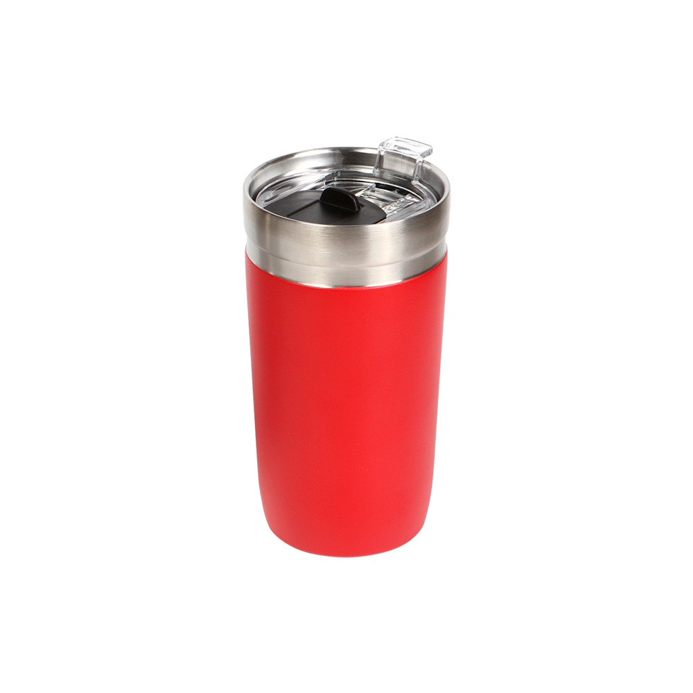 TE-157, Vaso de acero inoxidable doble pared con tapa de plástico deslizable. Fabricado en materiales de grado alimenticio, mantiene bebidas frías o calientes por un largo tiempo. No usar en microondas. Capacidad 473 ml. Incluye caja de cartón individual.