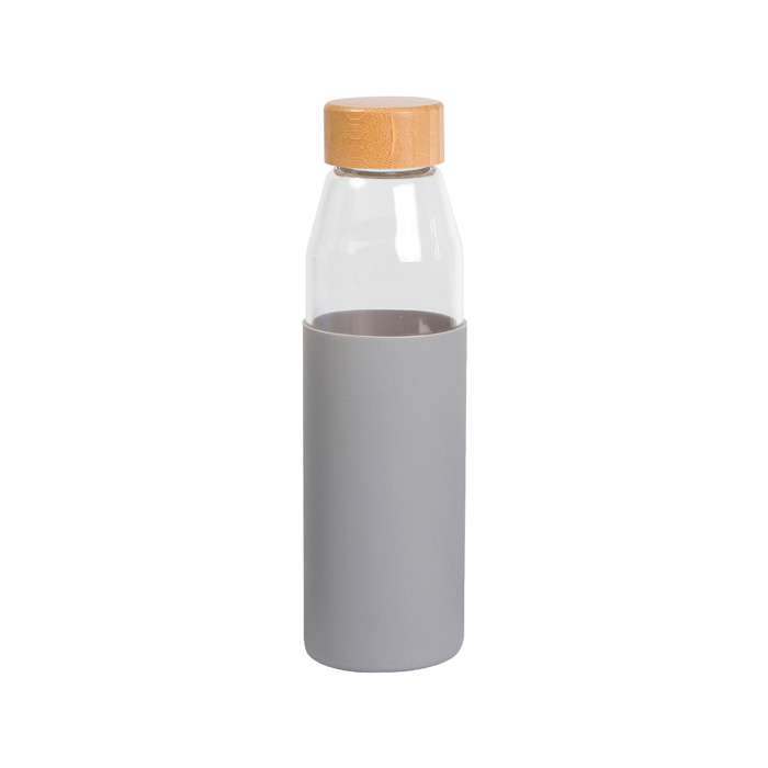 TE-159, Botella de vidrio de borosilicato con manga de silicon tapa tipo rosca fabricada en bambú, fabricado en materiales de grado alimenticio, apto para microondas. Capacidad de 550 ml. Incluye caja de cartón individual.