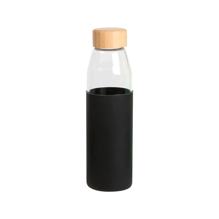 TE-159, Botella de vidrio de borosilicato con manga de silicon tapa tipo rosca fabricada en bambú, fabricado en materiales de grado alimenticio, apto para microondas. Capacidad de 550 ml. Incluye caja de cartón individual.