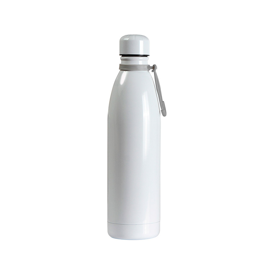 TE-163, Termo de acero inoxidable doble pared con tapa de rosca y cordón en el cuello. Fabricado en materiales de grado alimenticio, mantiene bebidas frías o calientes por un largo tiempo. No usar en microondas. Capacidad 750 ml. Incluye caja de cartón individual.