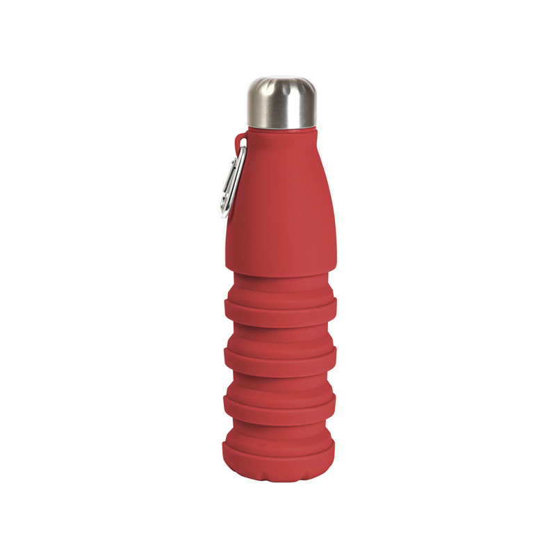 TE-216, Botella Bollnas. Botella retráctil fabricada en silicón, con capacidad de 550 ml, diseño en color sólido, tapa y arnés fabricados en acero inoxidable. Incluye mosquetón.