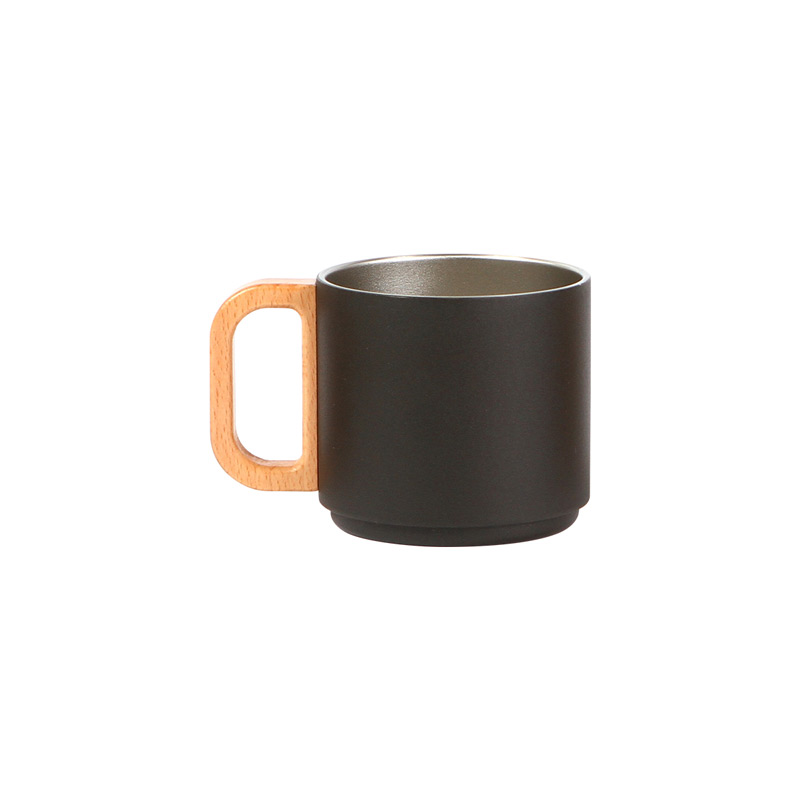 TE-228, Taza Habo. Taza doble pared, fabricada en acero inoxidable 304 y 201, capacidad de 300 ml. Incluye agarradera con diseño de imitación de madera.