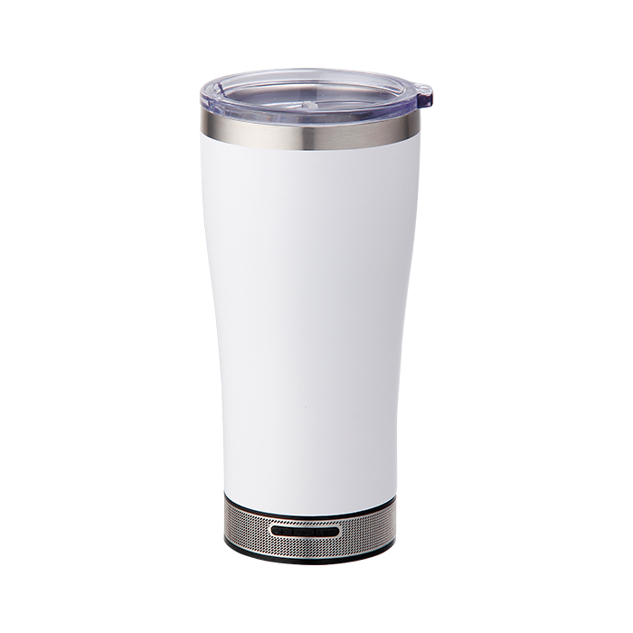 TH-099, TERMO DOBLE PARED FABRICADO EN ACERO INOXIDABLE, TAPA DE PLASTICO Y BOCINA BLUETOOTH, 12 Oz. COLORES: BLANCO Y GRIS