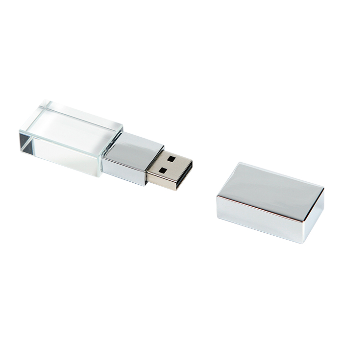 TH-132, MEMORIA USB 16 GB DE CRISTAL CUADRADA CON TAPA METALICA Y LUZ LED AZUL, EN ESTUCHE METALICO