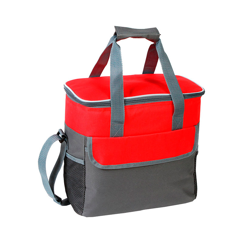 TX-057, Hielera fabricada en poliester con forro pvc y aluminio, con bolsas tipo red en costados, colores: azul, gris, negro, naranja y rojo