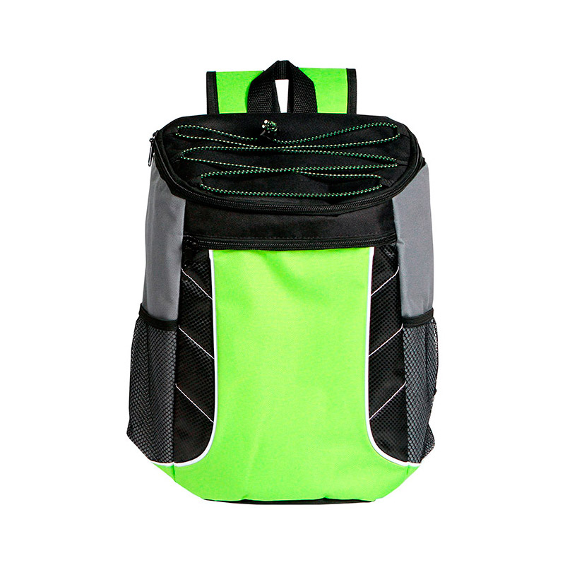 TX-074, Hielera back pack bi-tono con tensores, fabricada en poliester colores: azul, naranja, rojo y verde.