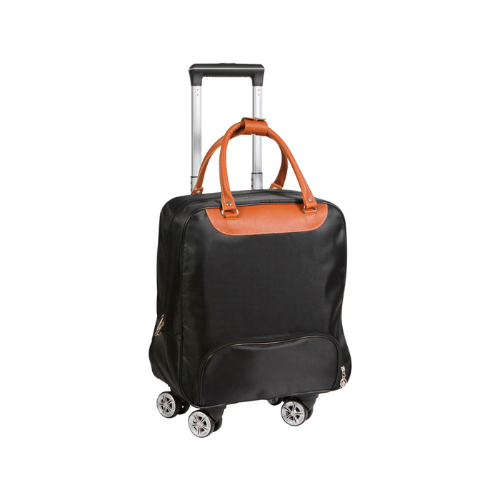 TX-143, Maleta trolley carry-on fabricada en poliéster con 4 ruedas giratorias, mango retráctil de aluminio, bolsa frontal con cierre, asas y detalles de poliuretano. Marco desmontable.