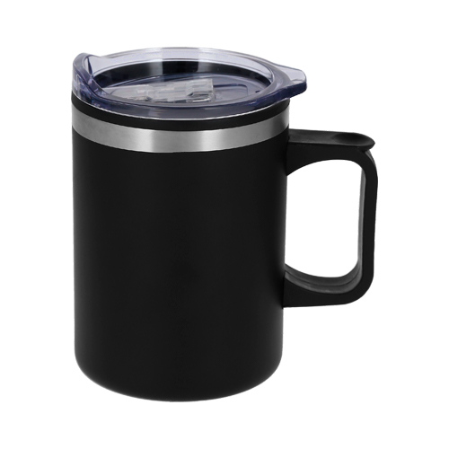 T-145, Taza con doble pared de acero inoxidable e interior de plástico. Incluye tapa transparente de cierre a presión con seguro deslizable.