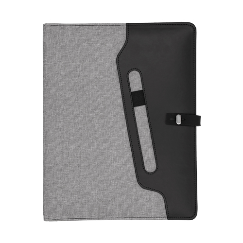 O-091, Carpeta multiusos con exterior de poliéster, broche y compartimento externo para bolígrafo. Cuenta con block de notas tamaño carta de 30 hojas rayadas, cintas elásticas para sujetar Smartphones y memorias USB u otros accesorios, compartimento con ventana plástica para credenciales, divisiones para tarjetas y bolsa de malla.