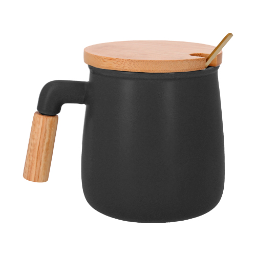 HO-088, Taza de cerámica con tapa de bambú y cucharilla.