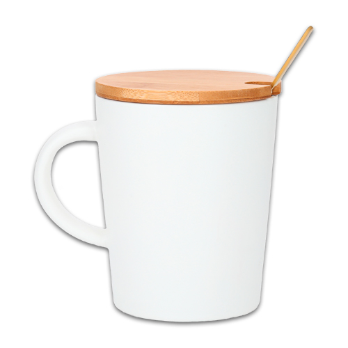 HO-086, Taza de cerámica con tapa de bambú y cucharilla.