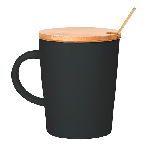 HO-086, Taza de cerámica con tapa de bambú y cucharilla.