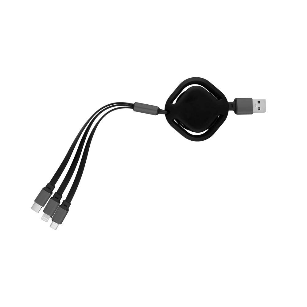 SO-114, Cargador multifuncional cuadrado con entrada tipo USB, conector de salida micro USB, tipo C y lightning.