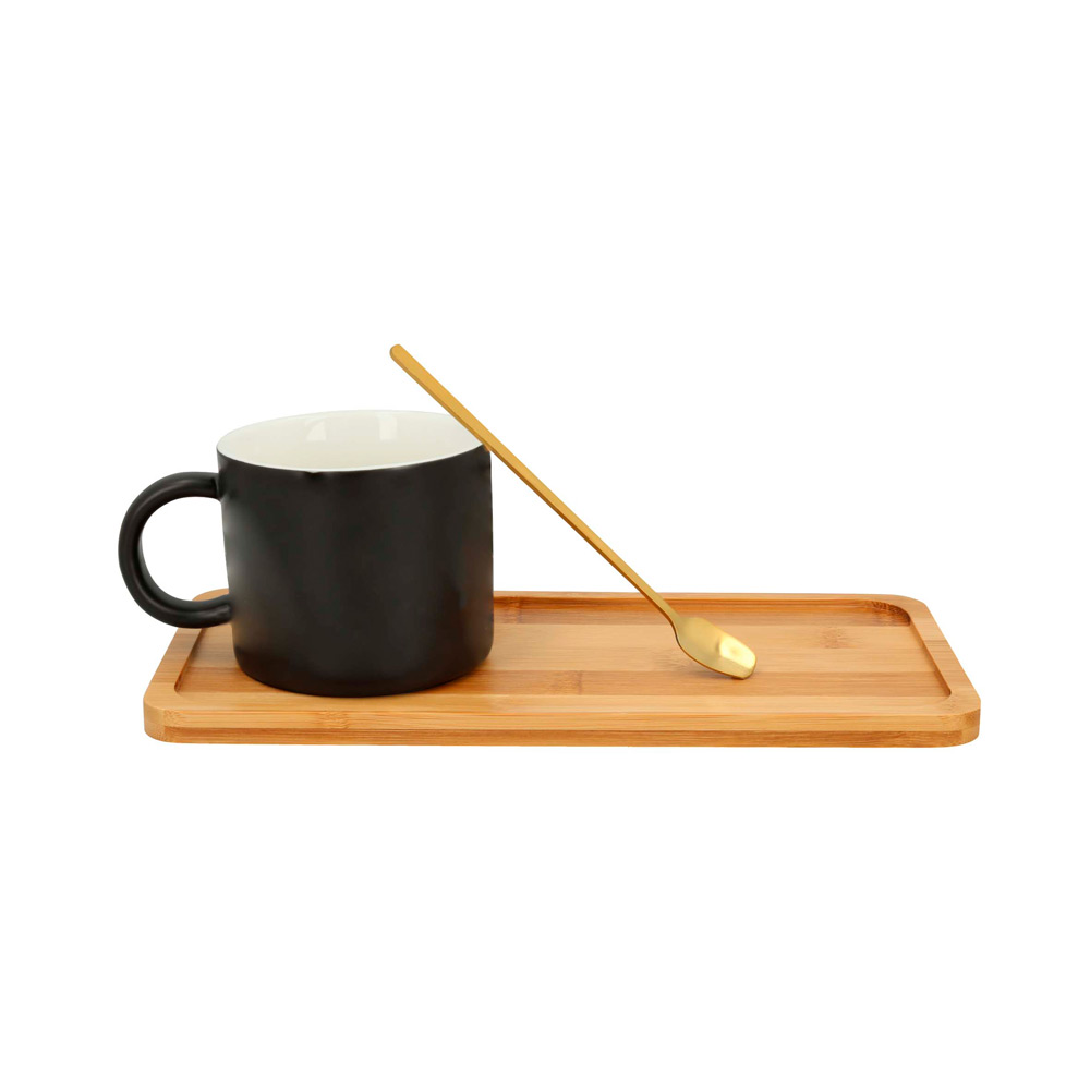 HO-103, Taza de cerámica con cuchara de acero inoxidable y base de madera larga.