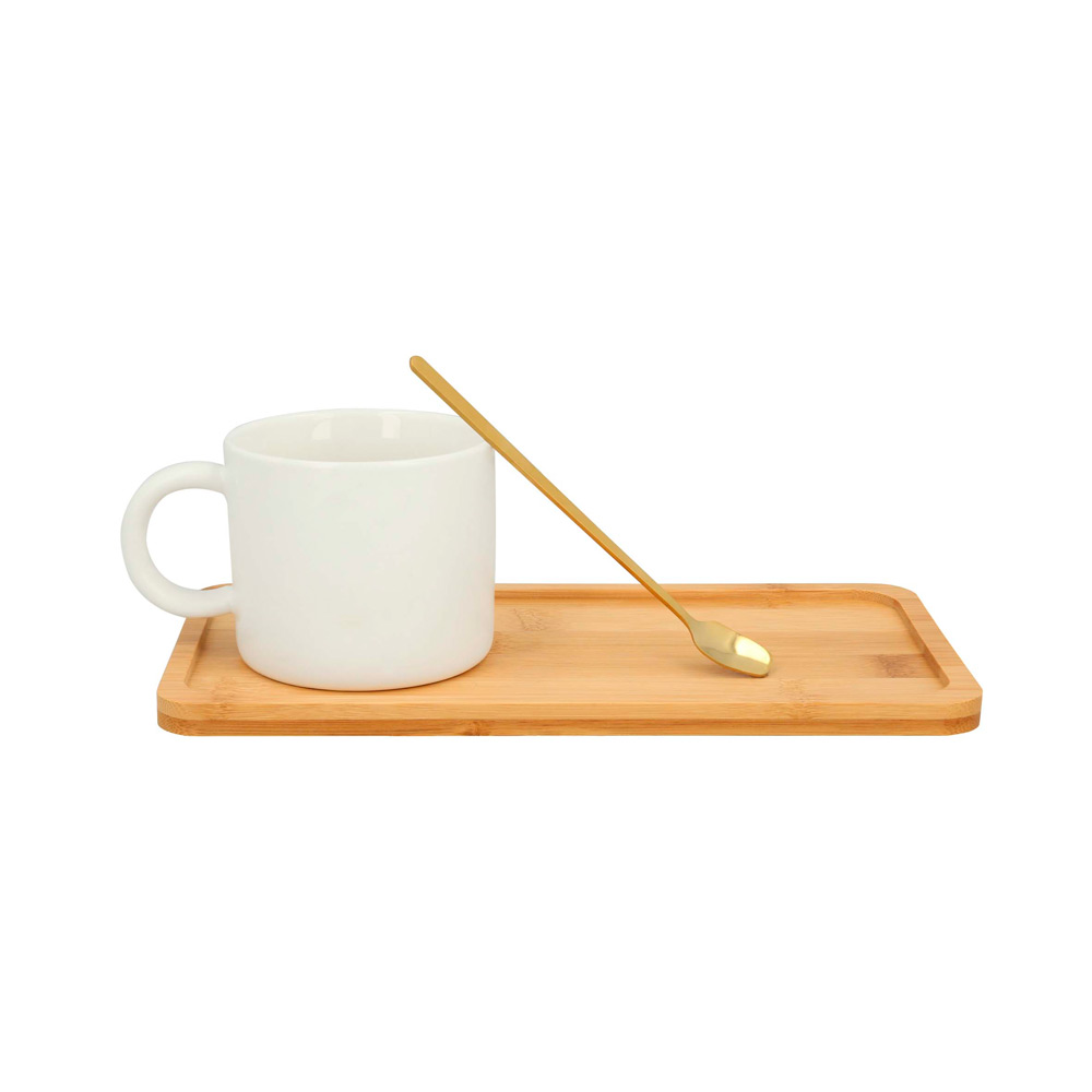 HO-103, Taza de cerámica con cuchara de acero inoxidable y base de madera larga.