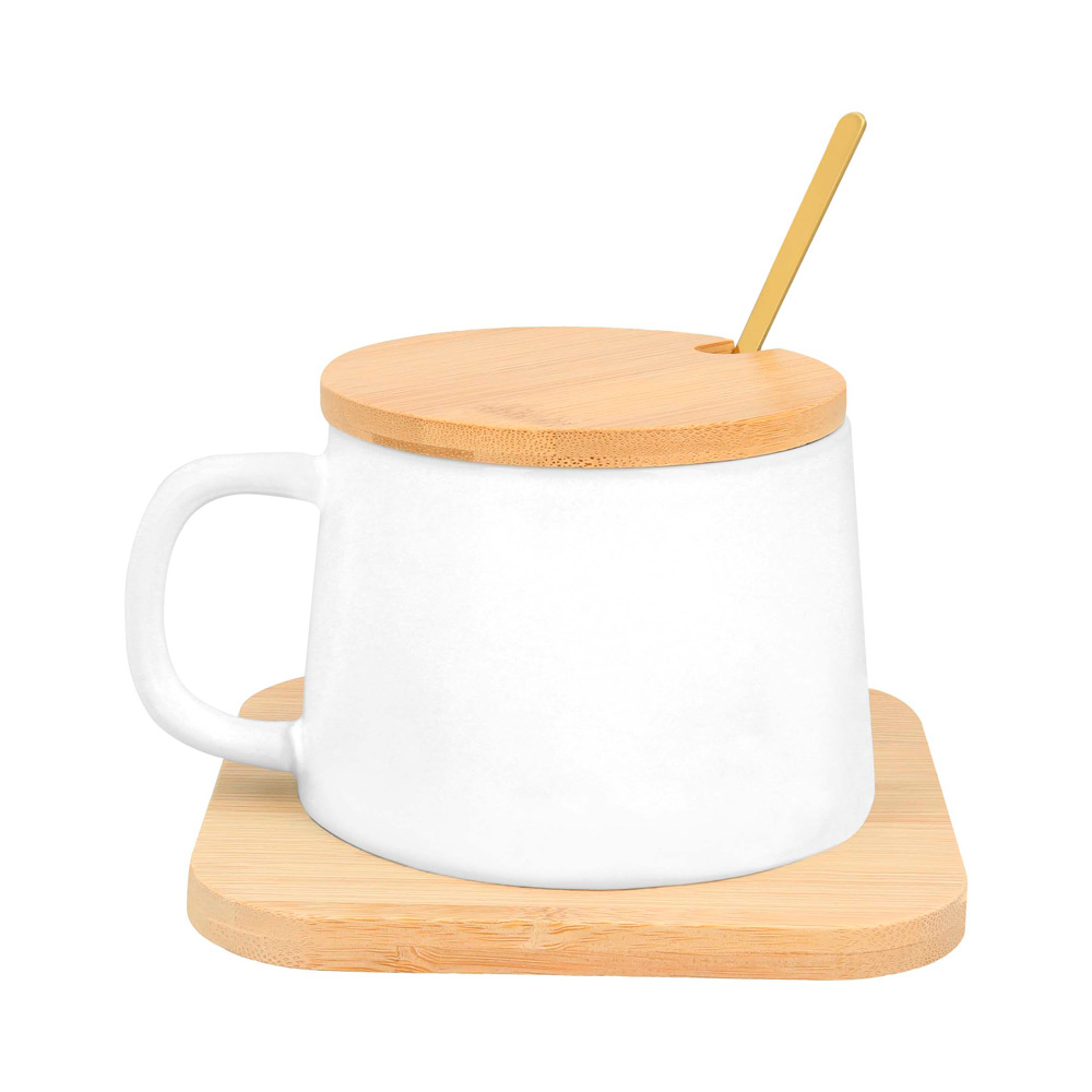 HO-105, Taza de cerámica con cuchara de acero inoxidable, con tapa y base de madera.