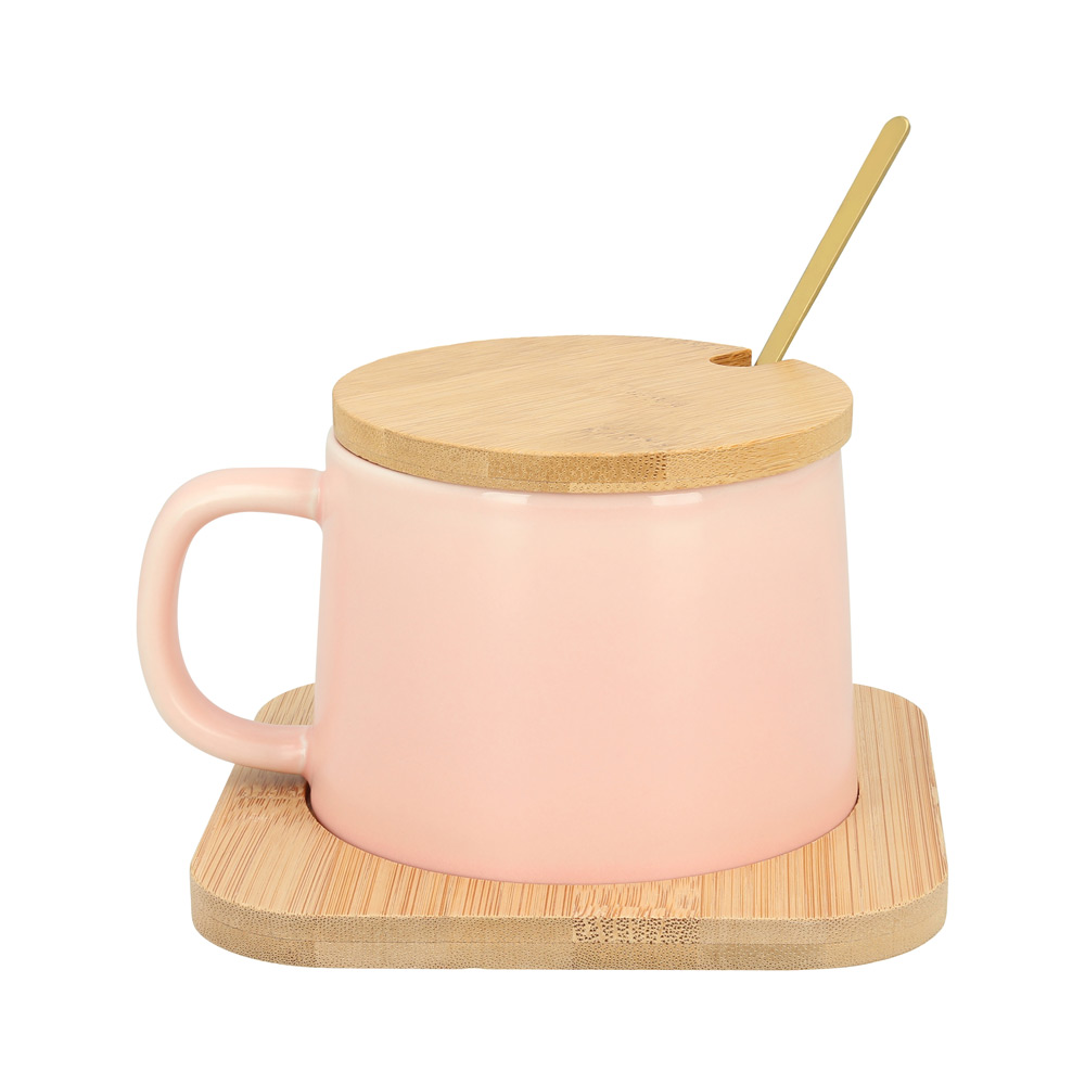 HO-105, Taza de cerámica con cuchara de acero inoxidable, con tapa y base de madera.