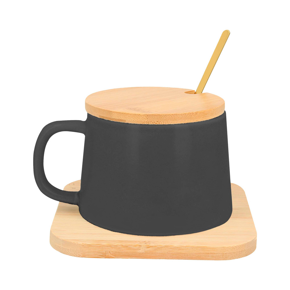 HO-105, Taza de cerámica con cuchara de acero inoxidable, con tapa y base de madera.