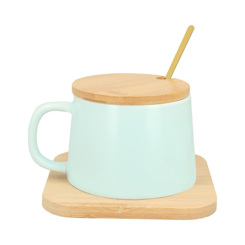 HO-105, Taza de cerámica con cuchara de acero inoxidable, con tapa y base de madera.