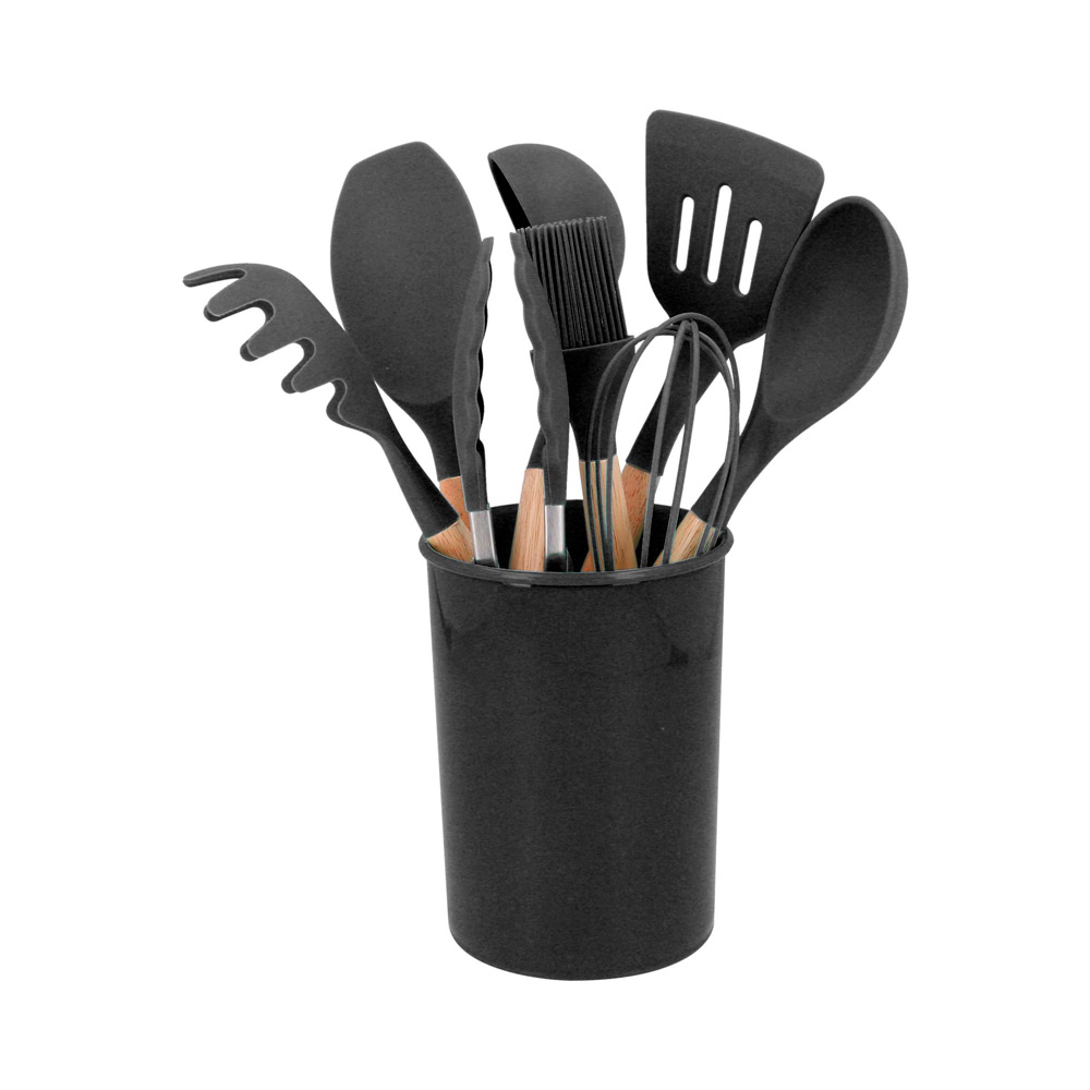 HO-122, Set de cocina con 8 utensilios de silicona antiadherentes y madera. Incluye pinzas para cocina, volteador ranurado, servidor de pasta, batidor, cucharon de sopa profunda, cepillo para barnizar, cuchara solida y espátula.