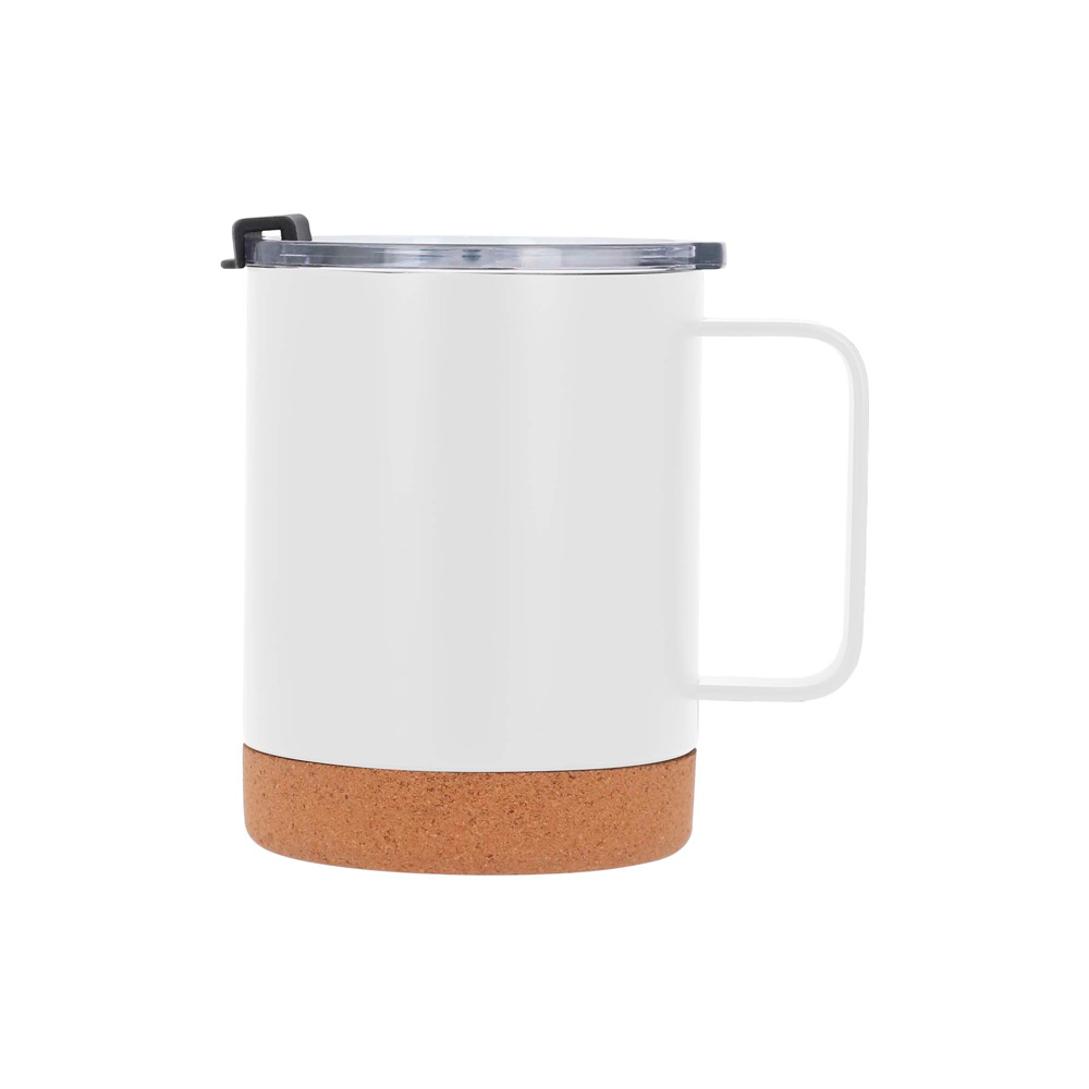 T-231, Taza con doble pared de acero inoxidable, base de corcho y tapa de cierre a presión.