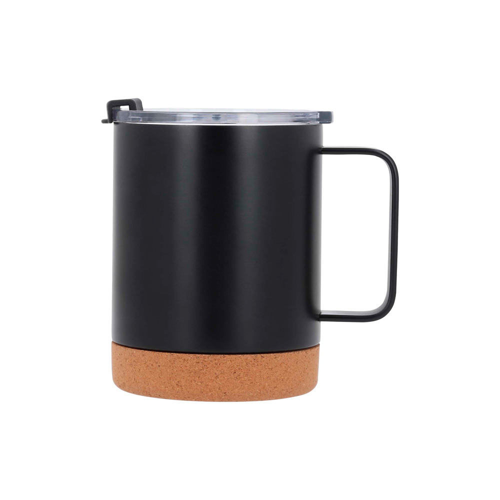 T-231, Taza con doble pared de acero inoxidable, base de corcho y tapa de cierre a presión.