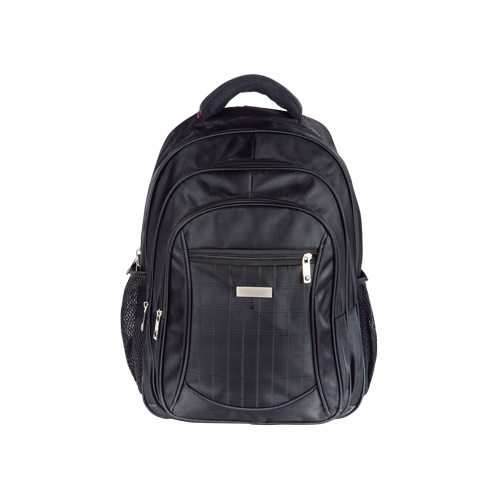 BL-013, ELITE. Mochila de poliéster con espacio para laptop max. de 17 pulgadas. 4 bolsas frontales, asa y 2 bolsas laterales de malla, respaldo, tirantes acojinados y placa metálica.