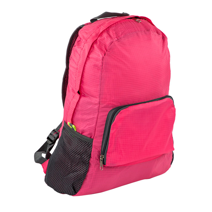 BL-023, MOCHILA VALIS. Mochila de 2 compartimentos con cierre y bolsillos laterales de red. Esta mochila se dobla y se convierte en una práctica bolsa para llevar.