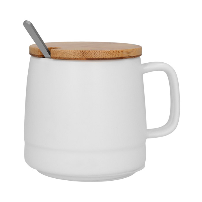 HO-026, Taza de cerámica acabado mate con tapa de bambú. Incluye cuchara de acero inoxidable. Capacidad de 450 ml