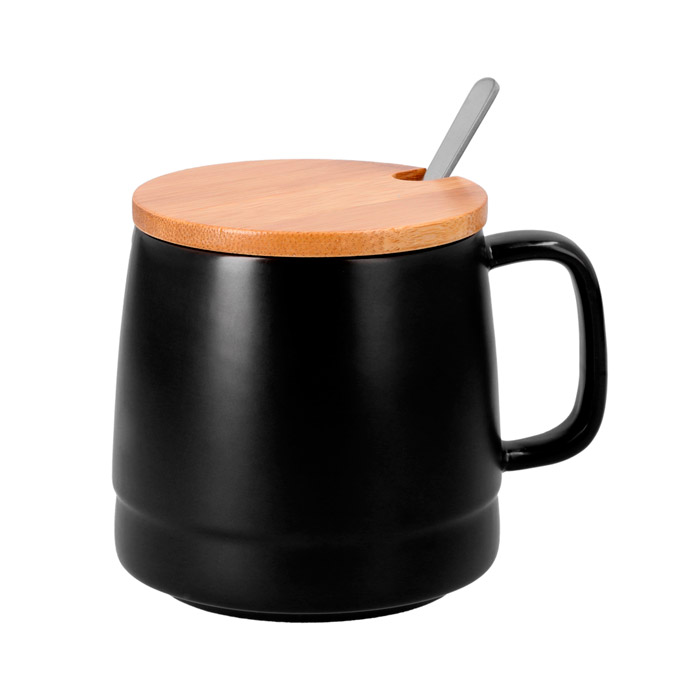 HO-026, Taza de cerámica acabado mate con tapa de bambú. Incluye cuchara de acero inoxidable. Capacidad de 450 ml