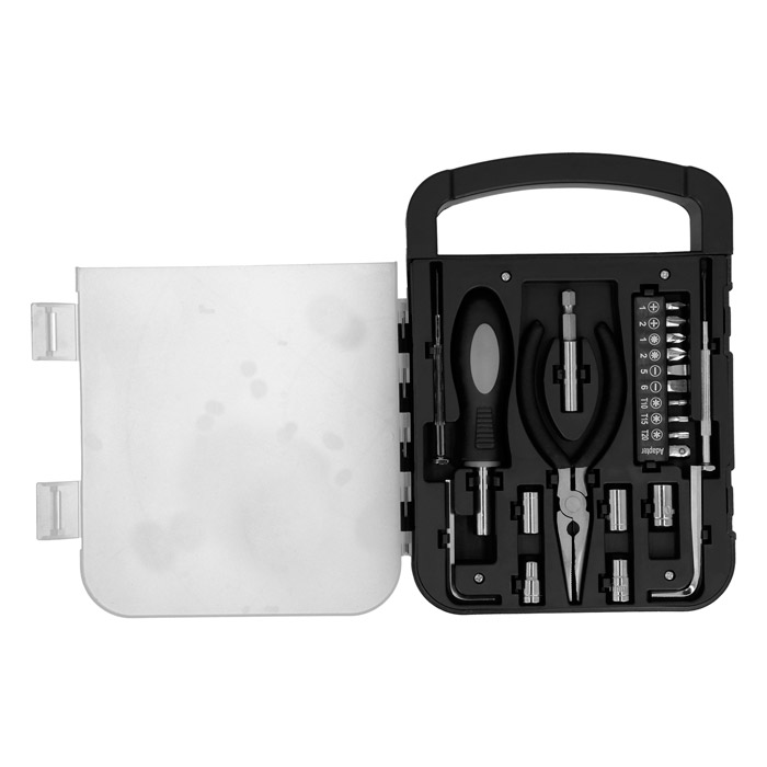 HR-023, Set de herramientas. Contiene pinzas de punta, desarmador con 10 puntas intercambiables, 5 dados, 2 desarmadores de precisión, 2 llaves Allen y adaptador para dados. Incluye estuche